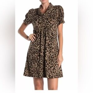 ELIZA J. Cowl Neck Leopard Short Sleeve Short A-line Dress